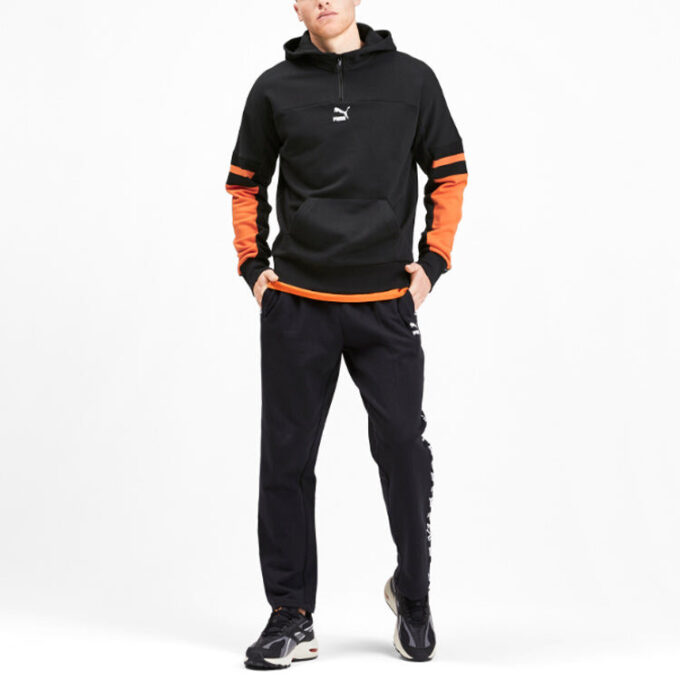 Sudadera con capucha y media cremallera con bloques de color «Negro, naranja y blanco»