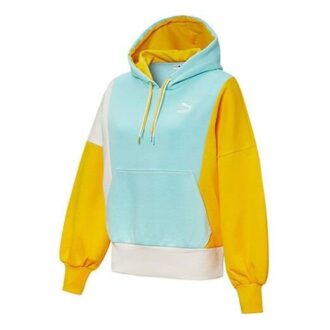Sudadera con capucha y paneles (mujeres) «Azul, amarillo y blanco»